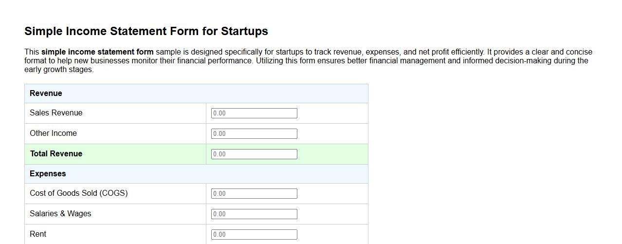 Simple income statement form sample for startups image preview
