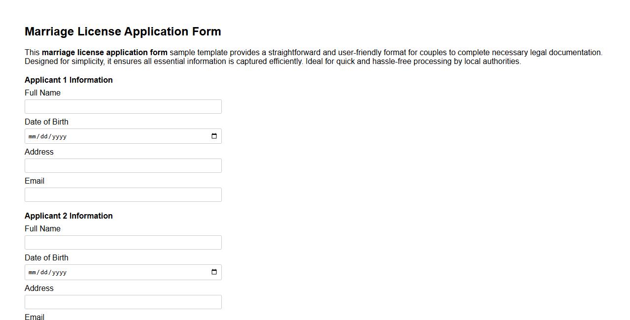 Simple marriage license application form sample template image preview