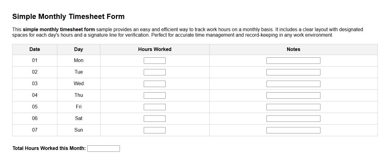 Simple monthly timesheet form sample with signature line image preview