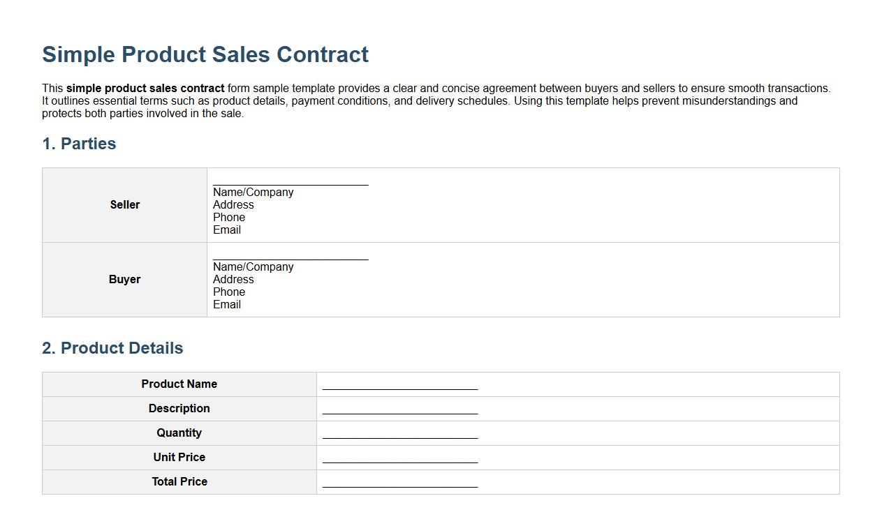 simple product sales contract form sample template image preview