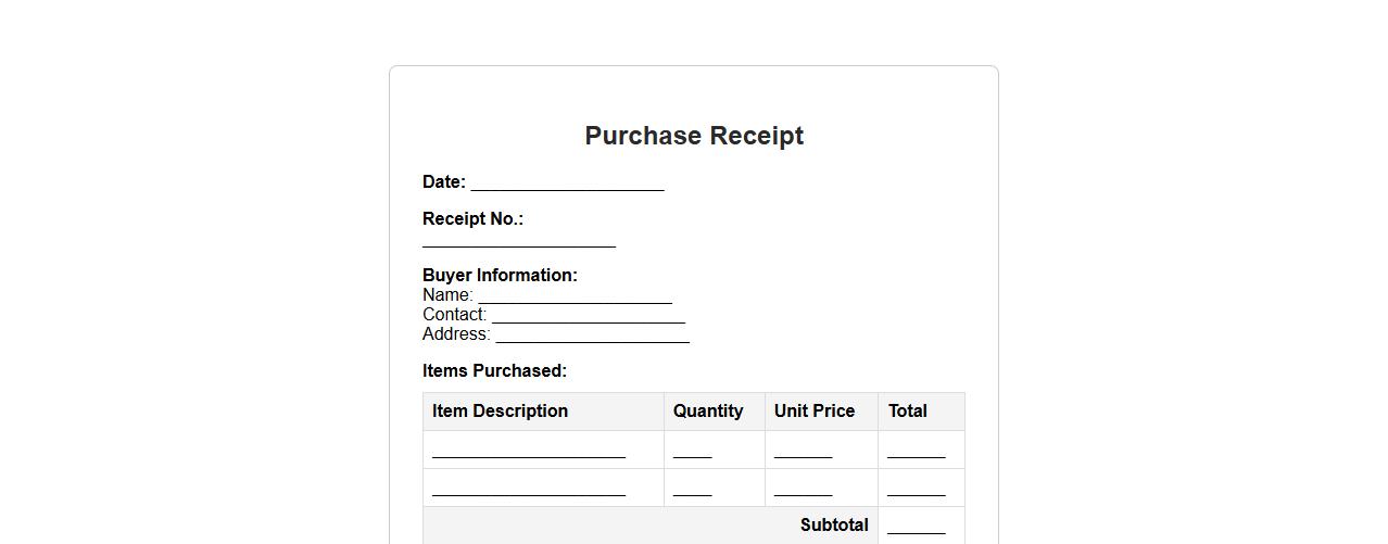 Simple purchase receipt form sample template image preview