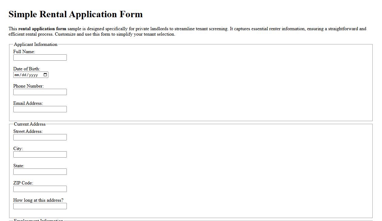 Simple rental application form sample for private landlords image preview