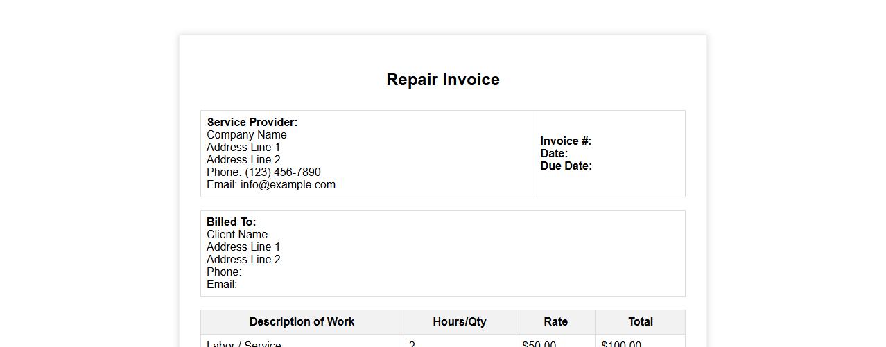 simple repair invoice form sample image preview