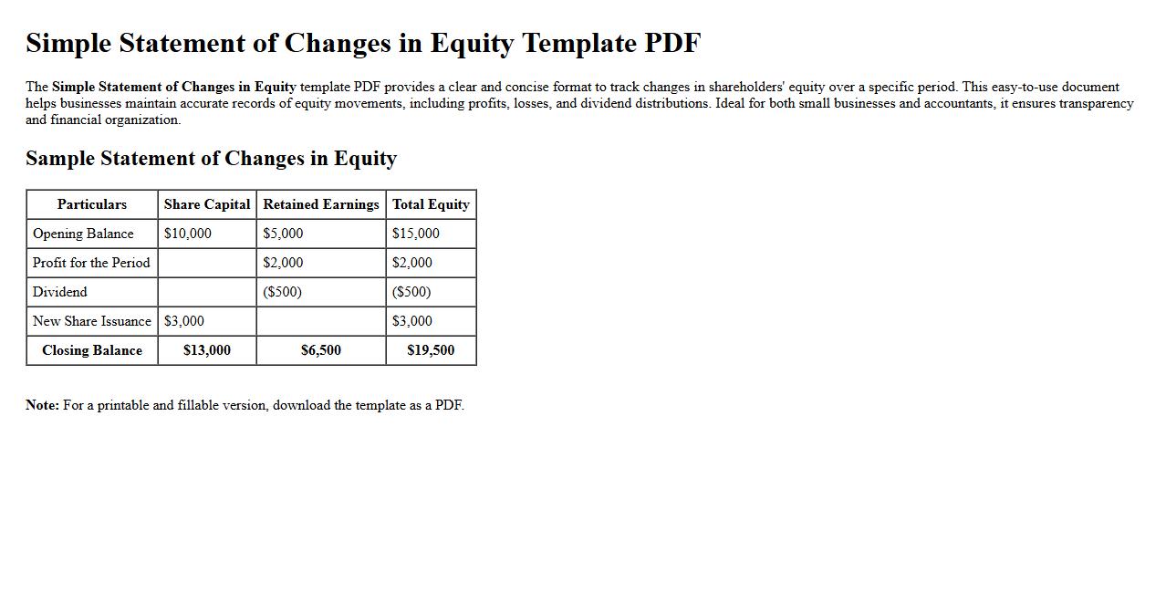 Simple Statement of Changes in Equity template PDF image preview