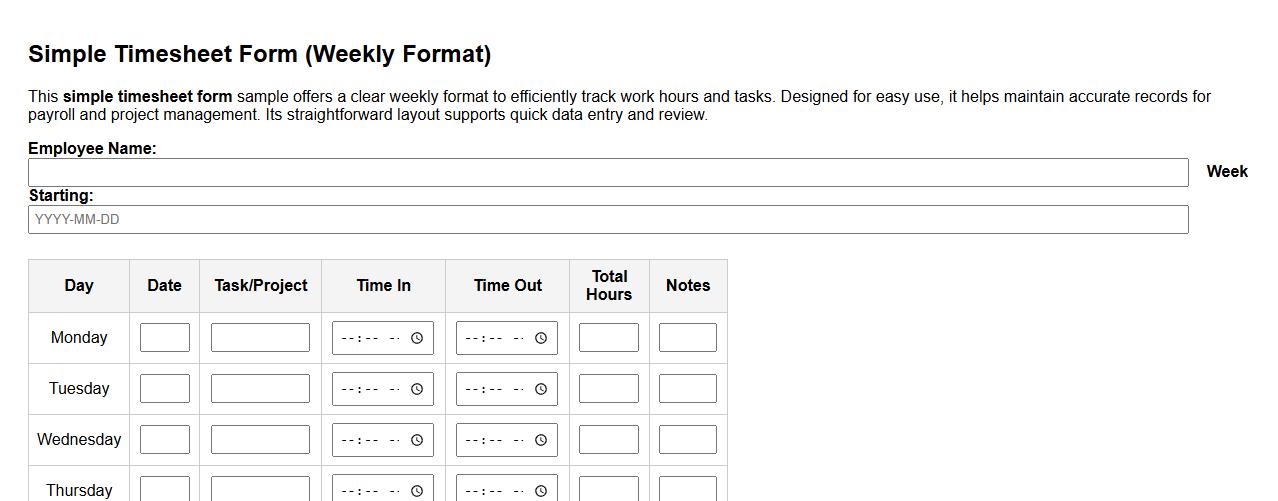 simple timesheet form sample weekly format image preview