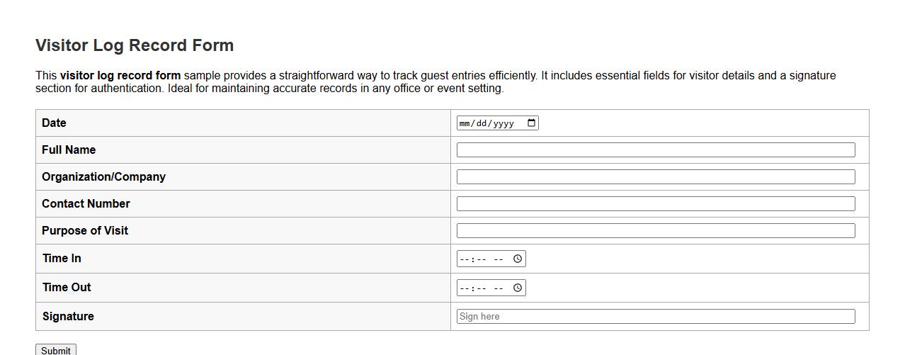 simple visitor log record form sample with signature image preview