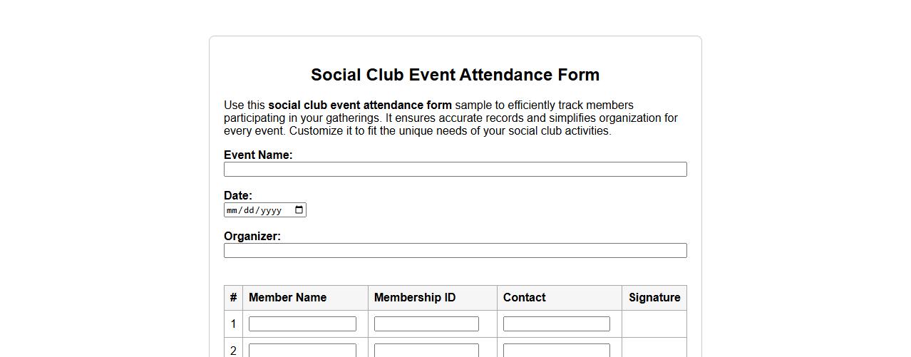 Social club event attendance form sample image preview