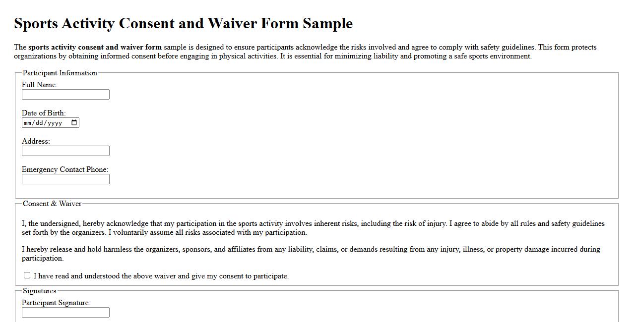 Sports activity consent and waiver form sample image preview