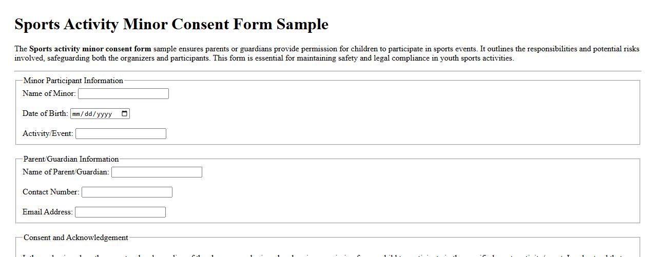 Sports activity minor consent form sample image preview