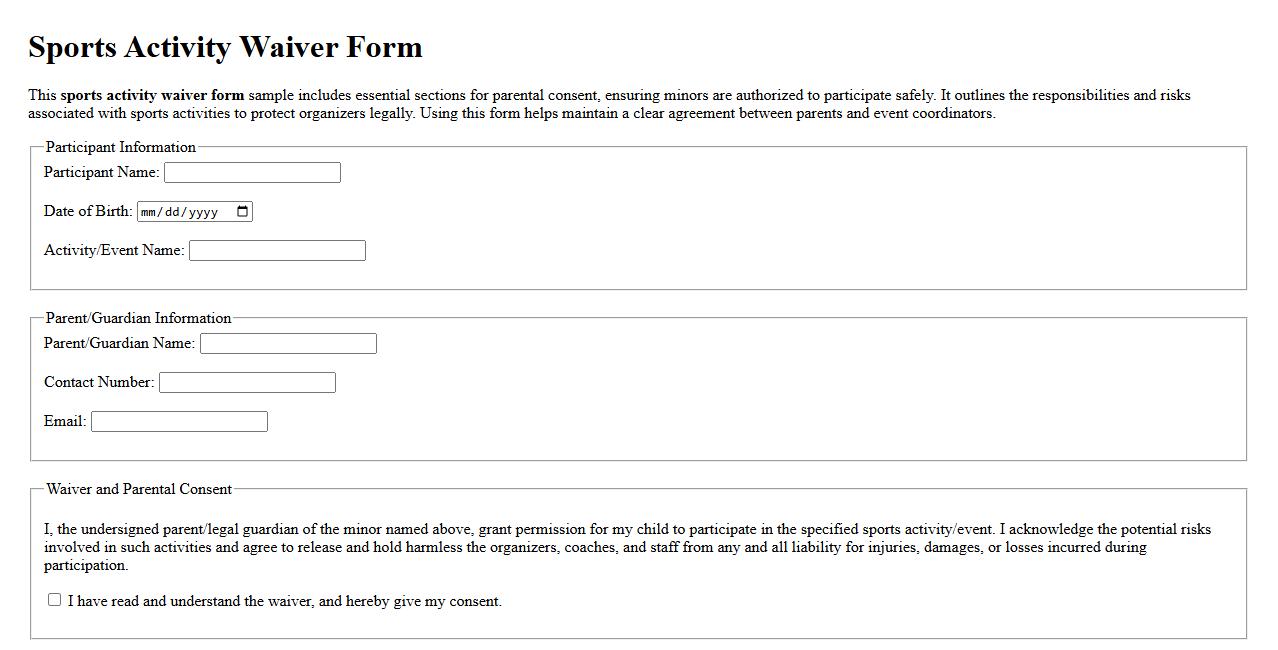 Sports activity waiver form sample with parental consent image preview