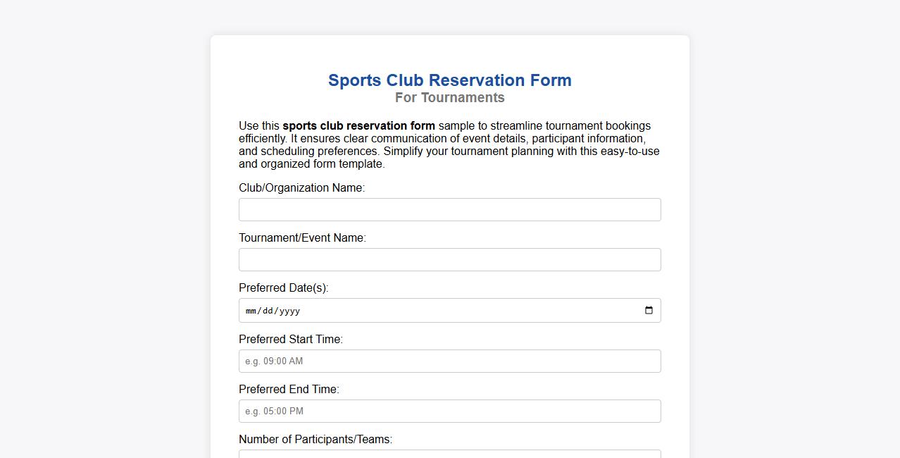 Sports club reservation form sample for tournaments image preview