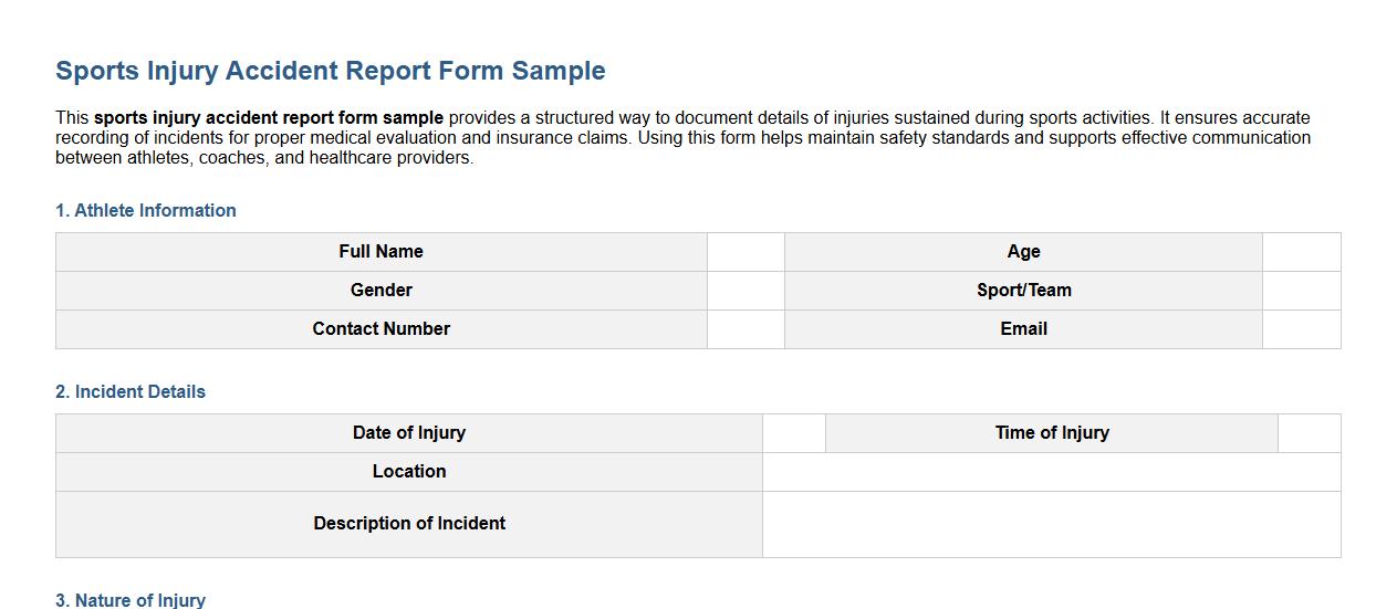 sports injury accident report form sample image preview