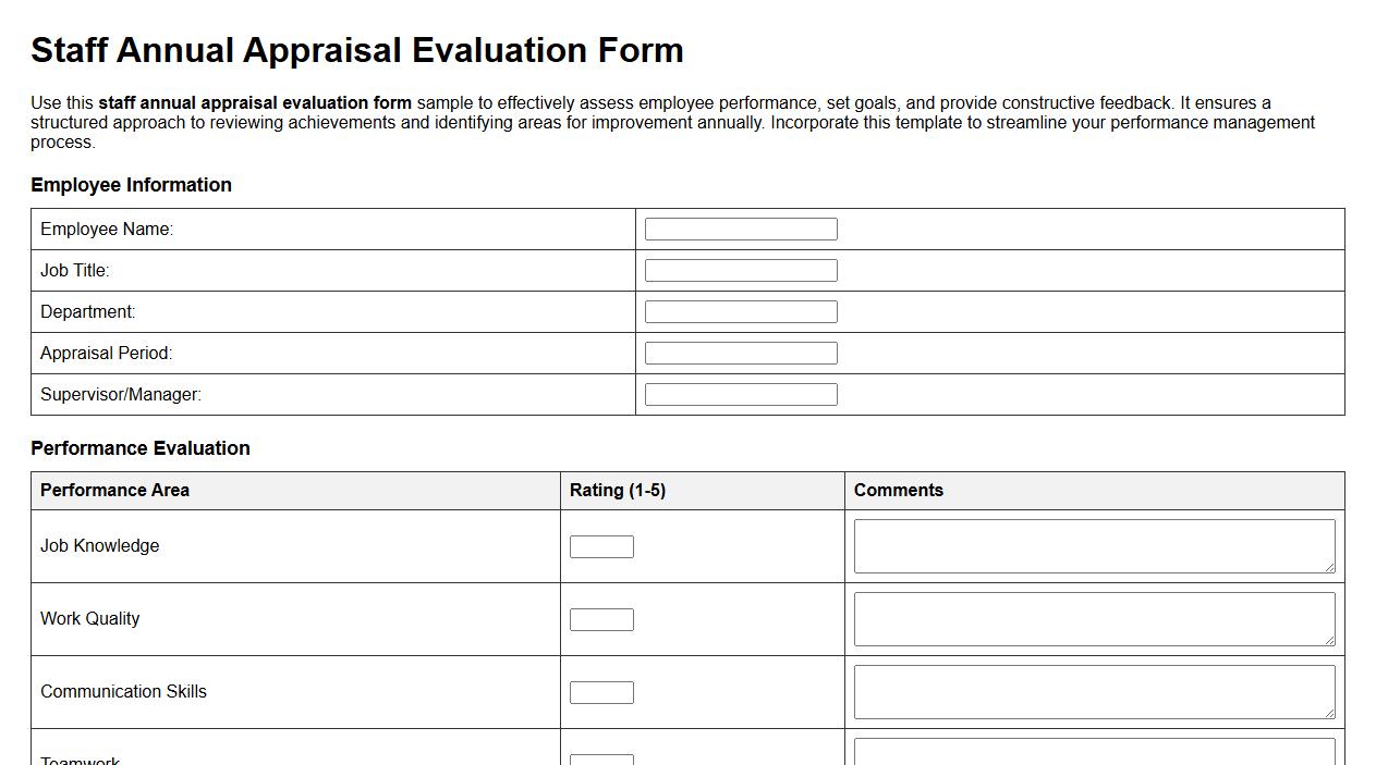 Staff annual appraisal evaluation form sample image preview