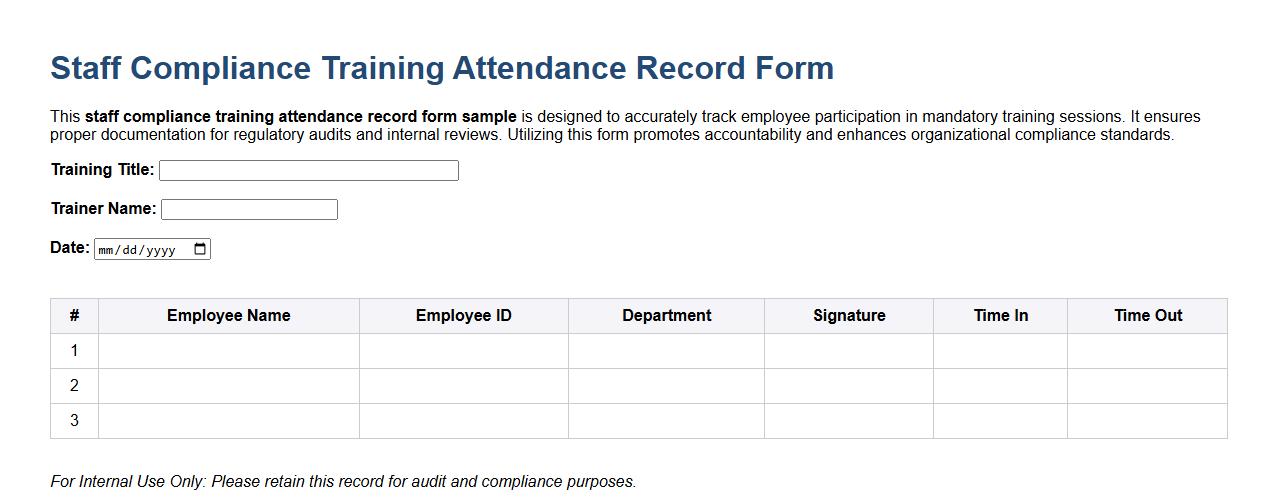 Staff compliance training attendance record form sample image preview