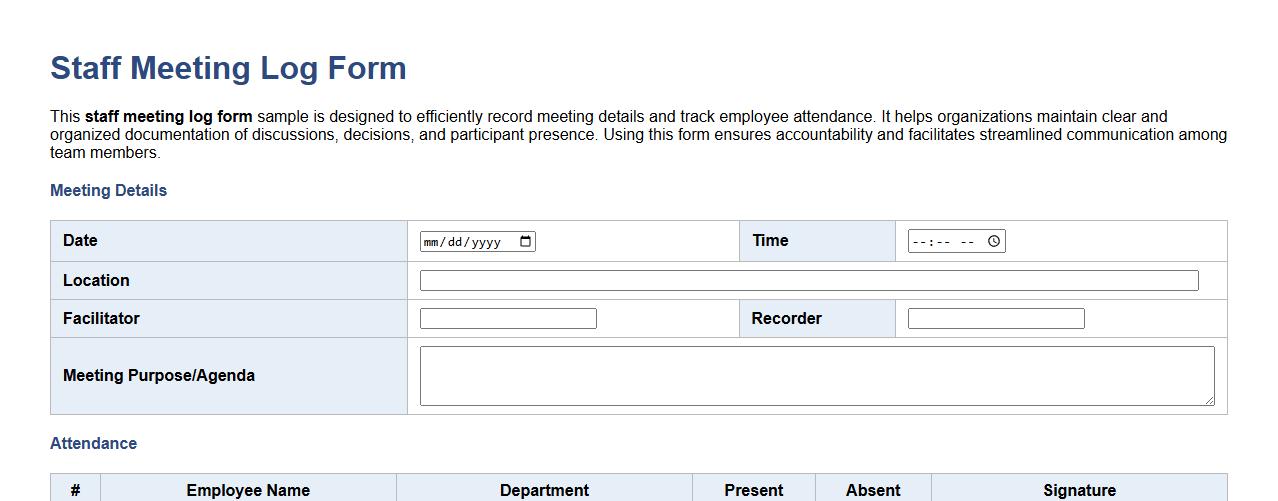 staff meeting log form sample with attendance image preview
