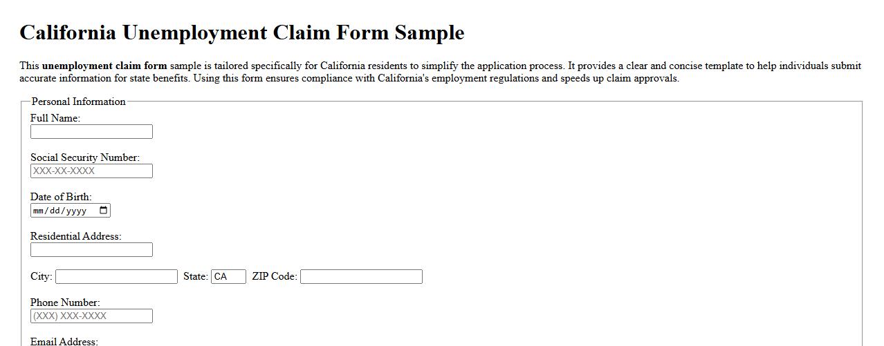 State-specific unemployment claim form sample for California residents image preview