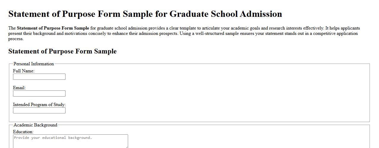 Statement of Purpose Form Sample for Graduate School Admission image preview