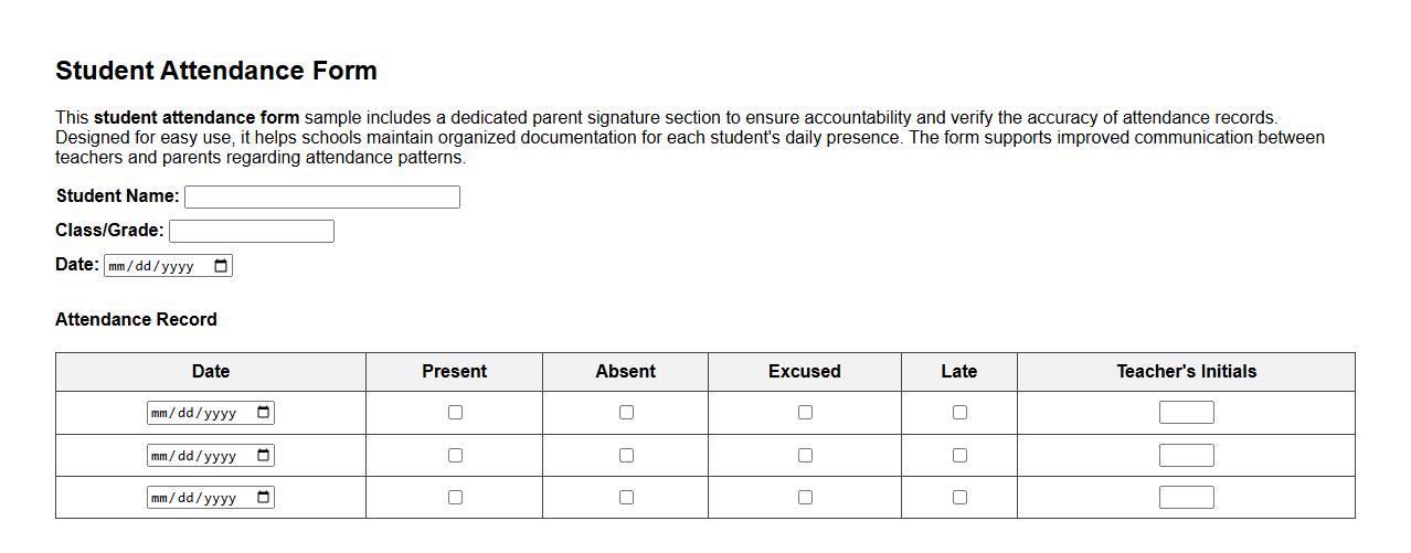 Student attendance form sample with parent signature section image preview