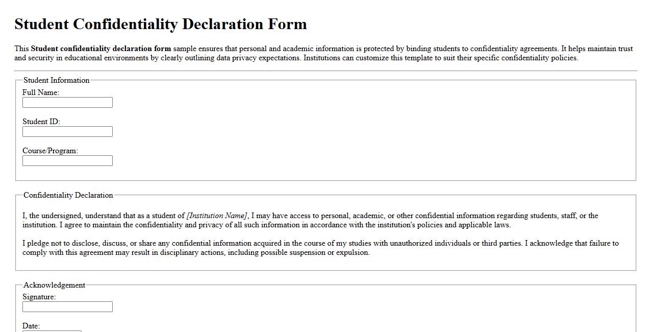 Student confidentiality declaration form sample image preview