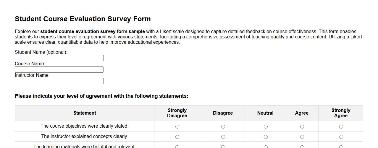 student course evaluation survey form sample with Likert scale image preview