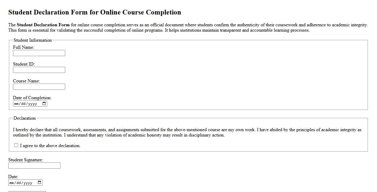 Student Declaration Form Sample for Online Course Completion image preview
