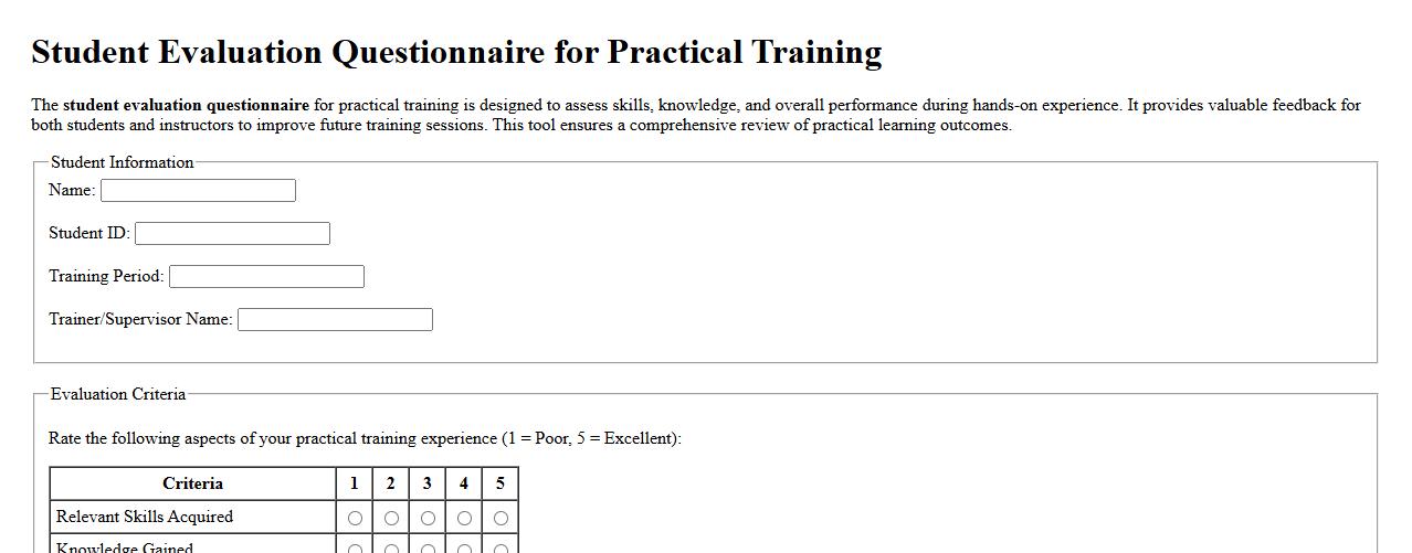student evaluation questionnaire for practical training image preview