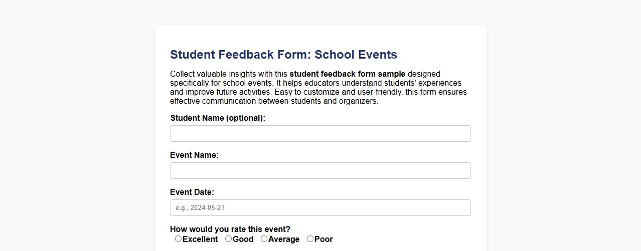 Student feedback form sample for school events image preview