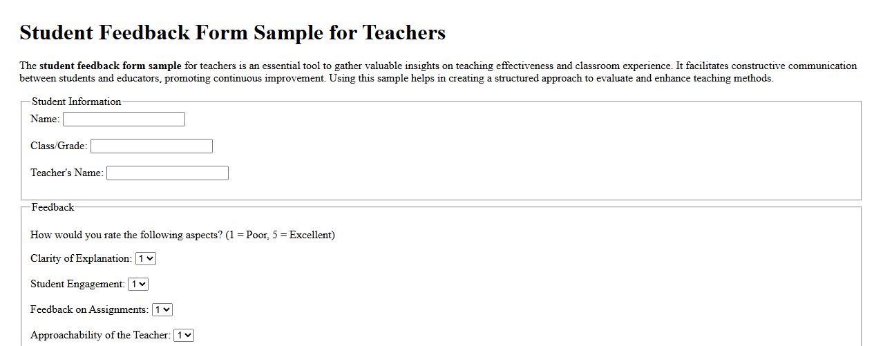 Student feedback form sample for teachers image preview