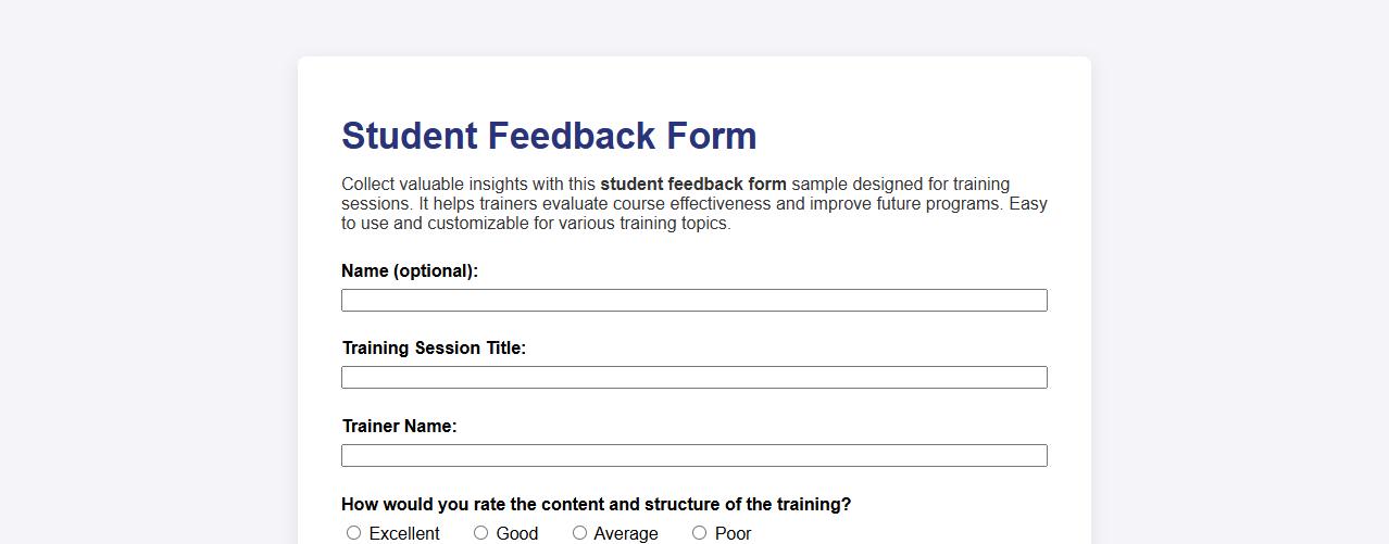 Student feedback form sample for training sessions image preview
