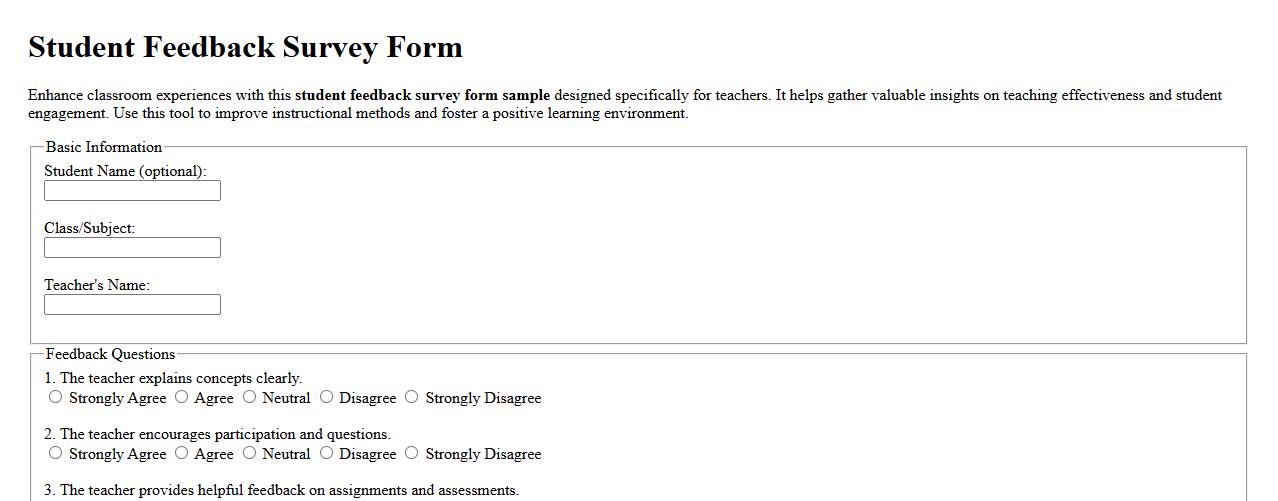 Student feedback survey form sample for teachers image preview