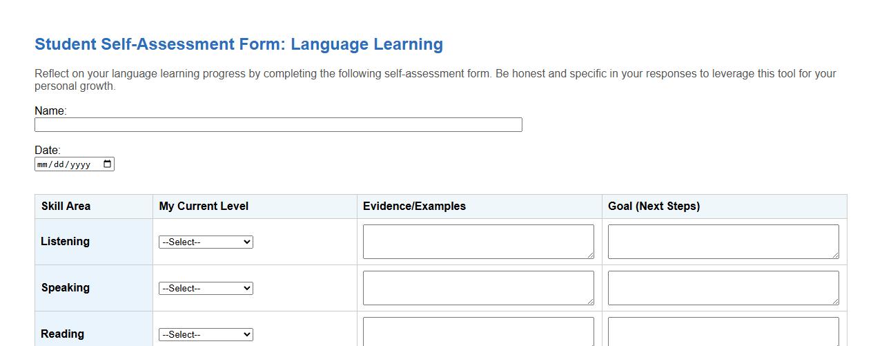 student self-assessment form sample for language learning image preview