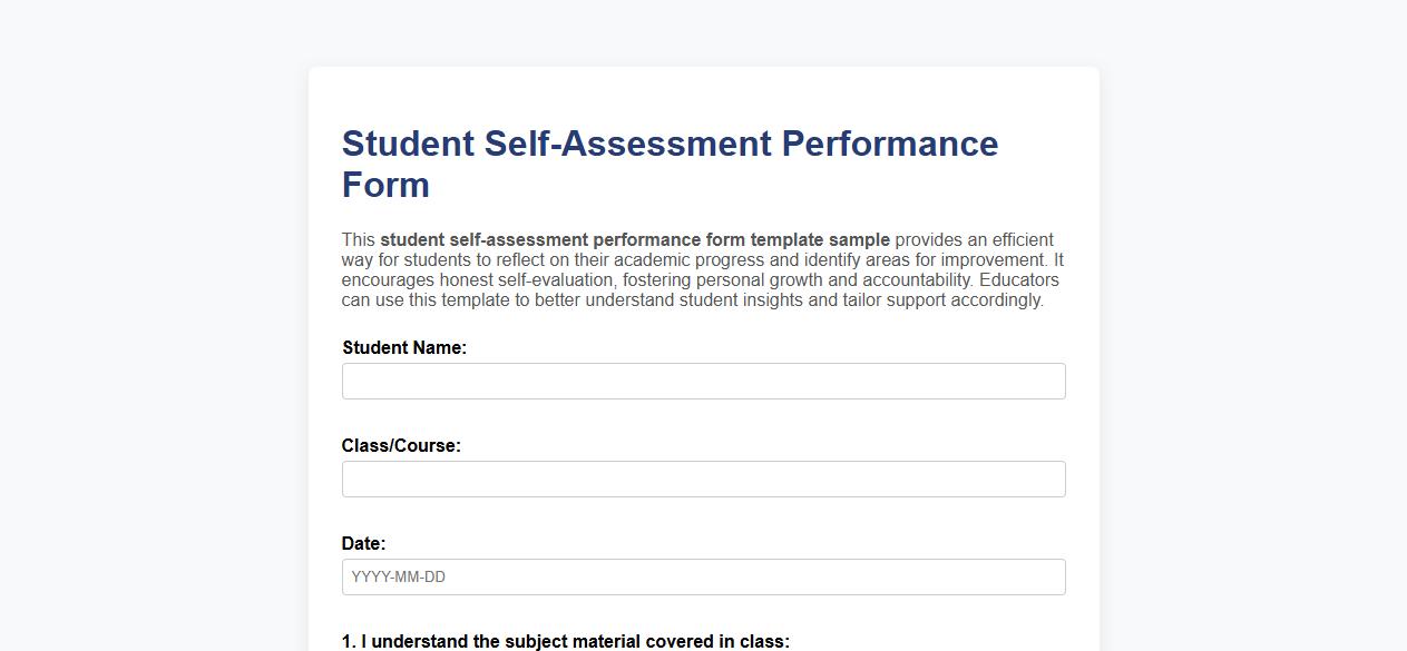 Student self-assessment performance form template sample image preview
