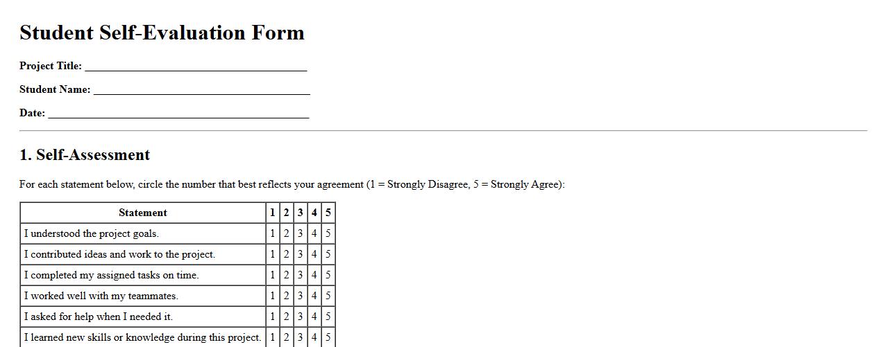 student self-evaluation form sample for project-based learning image preview