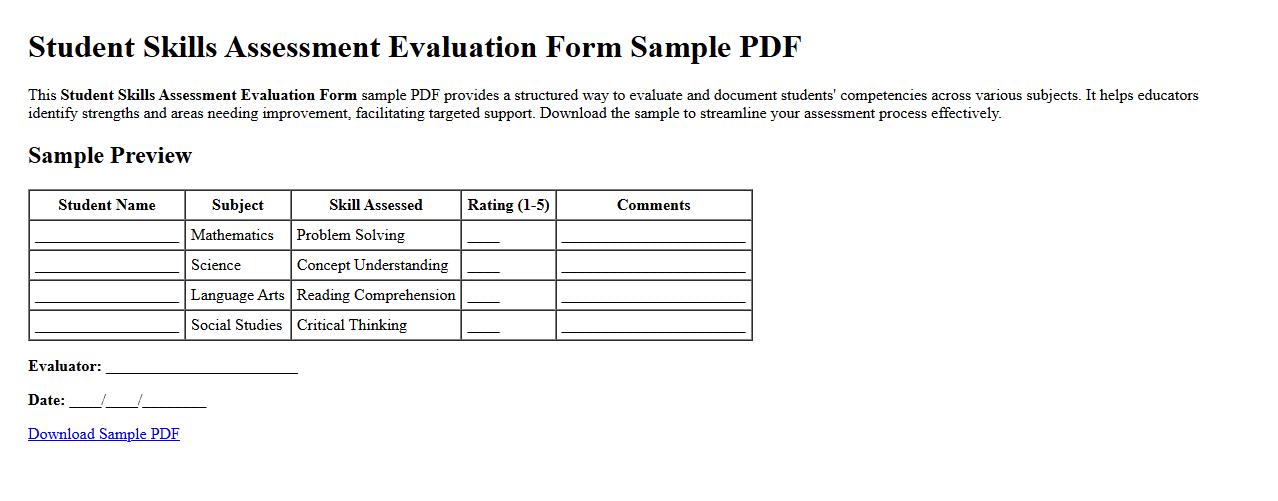 Student skills assessment evaluation form sample pdf image preview