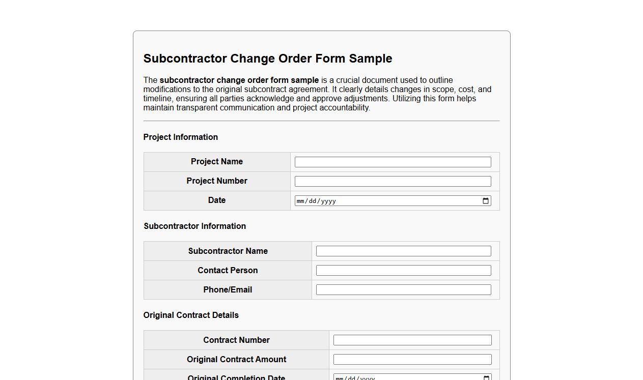 subcontractor change order form sample image preview