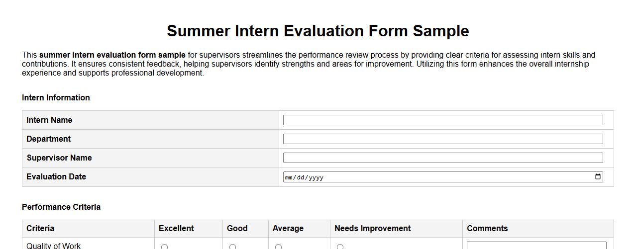 summer intern evaluation form sample for supervisors image preview