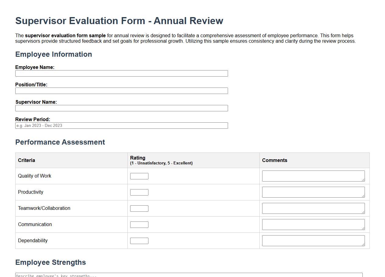 Supervisor evaluation form sample for annual review image preview