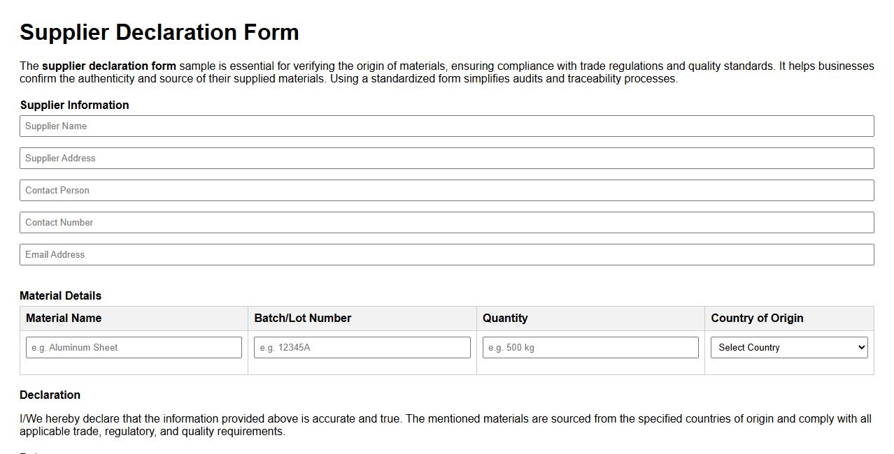 supplier declaration form sample for material origin verification image preview
