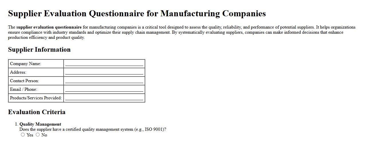 Supplier evaluation questionnaire for manufacturing companies image preview