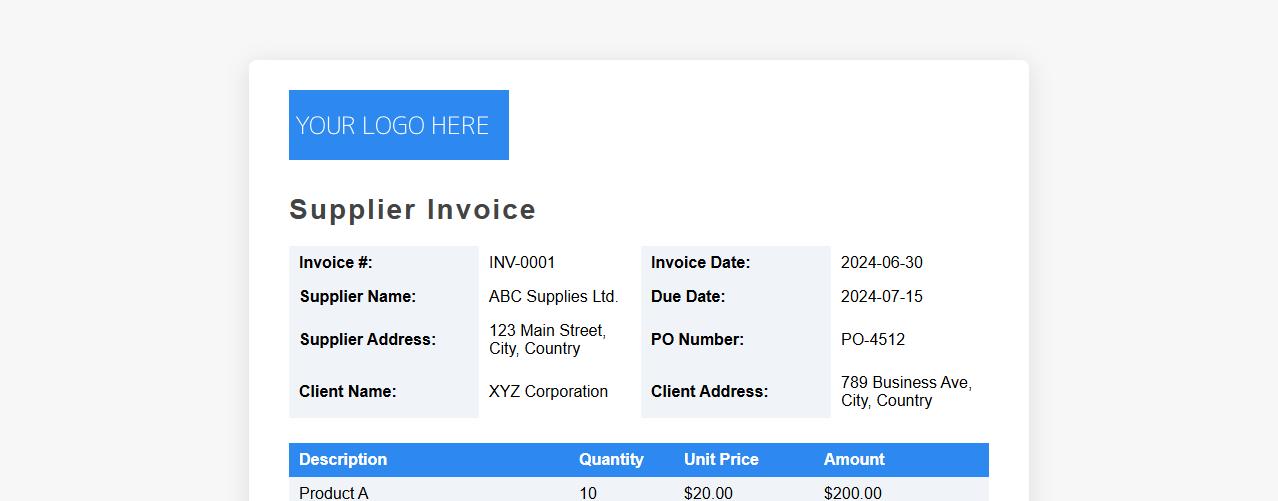 supplier invoice form sample with company logo image preview