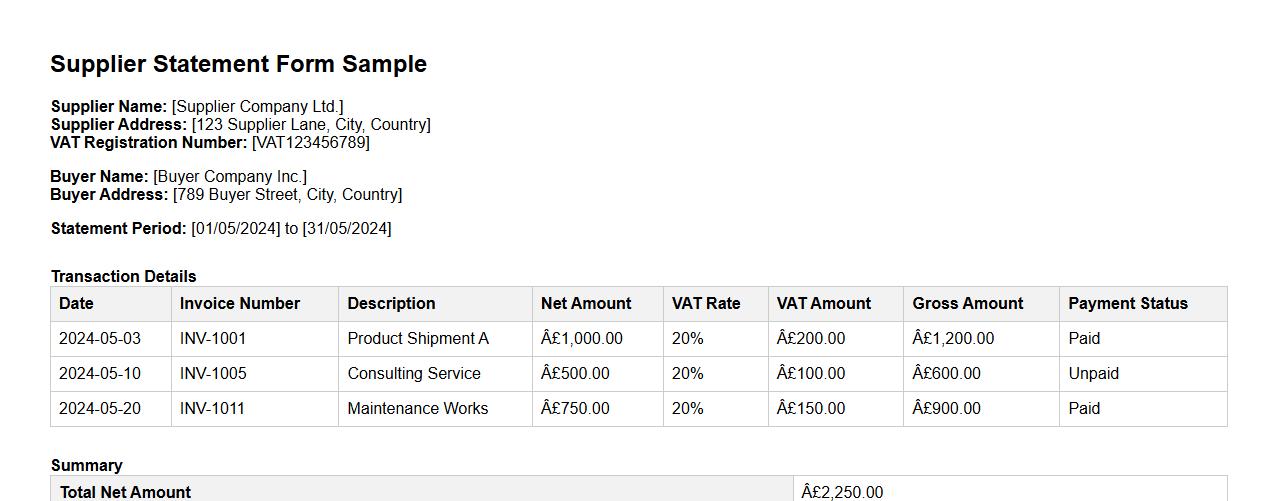 supplier statement form sample with vat details image preview