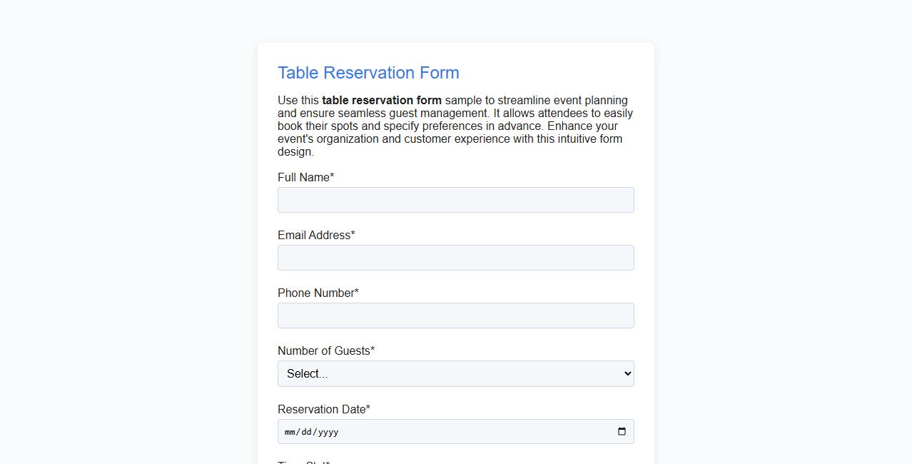 Table reservation form sample for events image preview