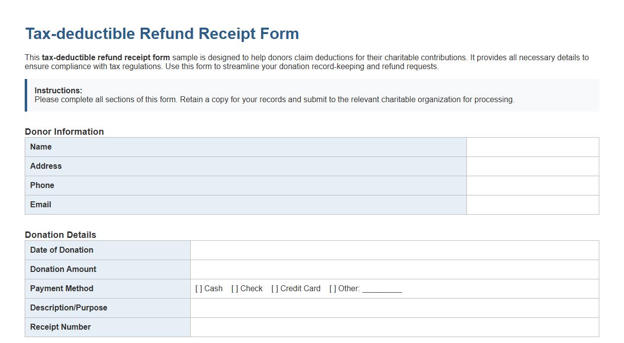 Tax-deductible refund receipt form sample for donations image preview