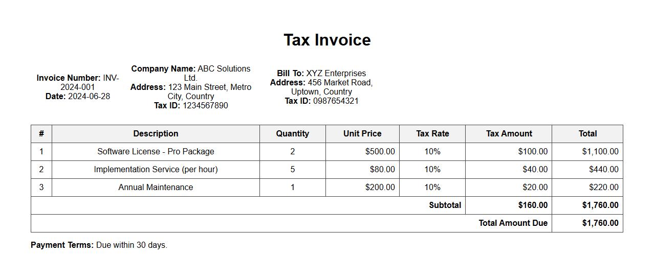 Tax invoice form sample with itemized breakdown image preview