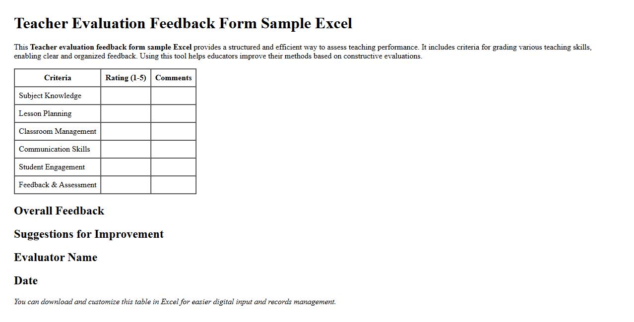 Teacher evaluation feedback form sample Excel image preview