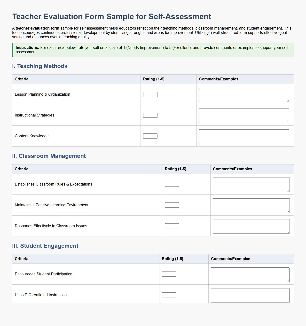 Teacher evaluation form sample for self-assessment image preview
