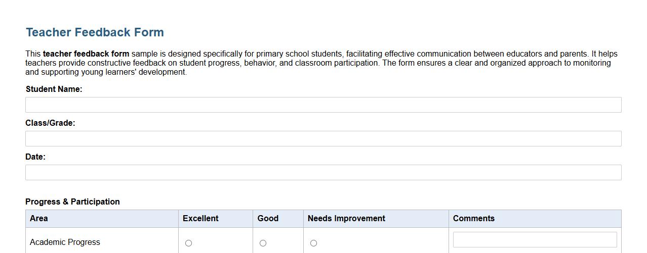 teacher feedback form sample for primary school students image preview