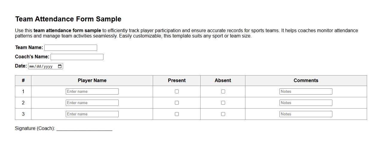 team attendance form sample for sports teams image preview