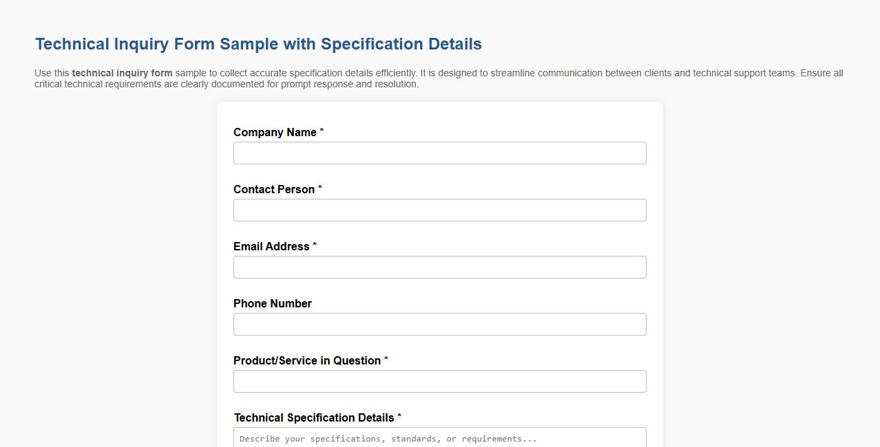 Technical inquiry form sample with specification details image preview