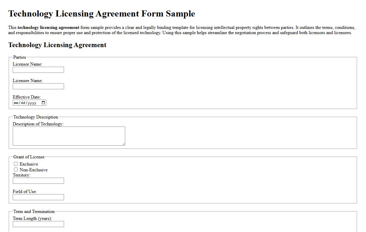 Technology licensing agreement form sample image preview